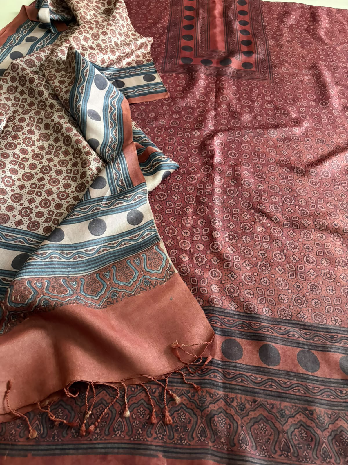 Pure Tussar Silk Ajrakh Handblock Print Kurta Dupatta - Maroon