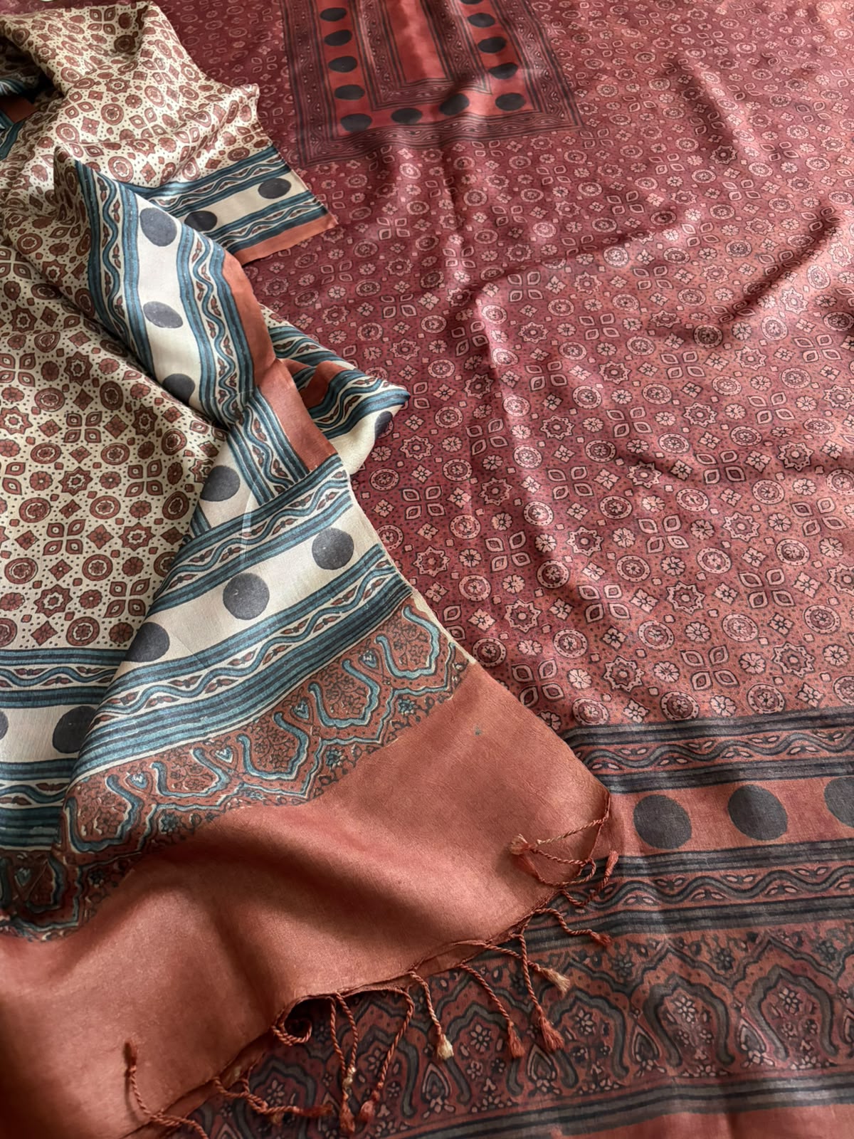 Pure Tussar Silk Ajrakh Handblock Print Kurta Dupatta - Maroon