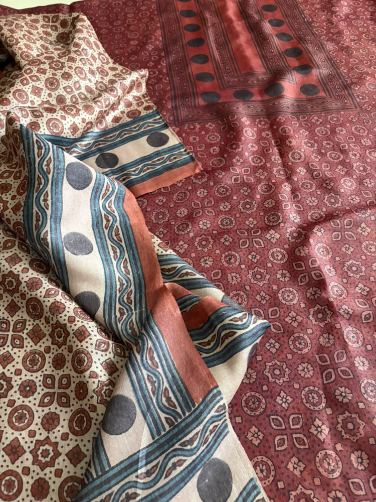 Image of Pure Tussar Silk Ajrakh Handblock Print Kurta Dupatta - Maroon