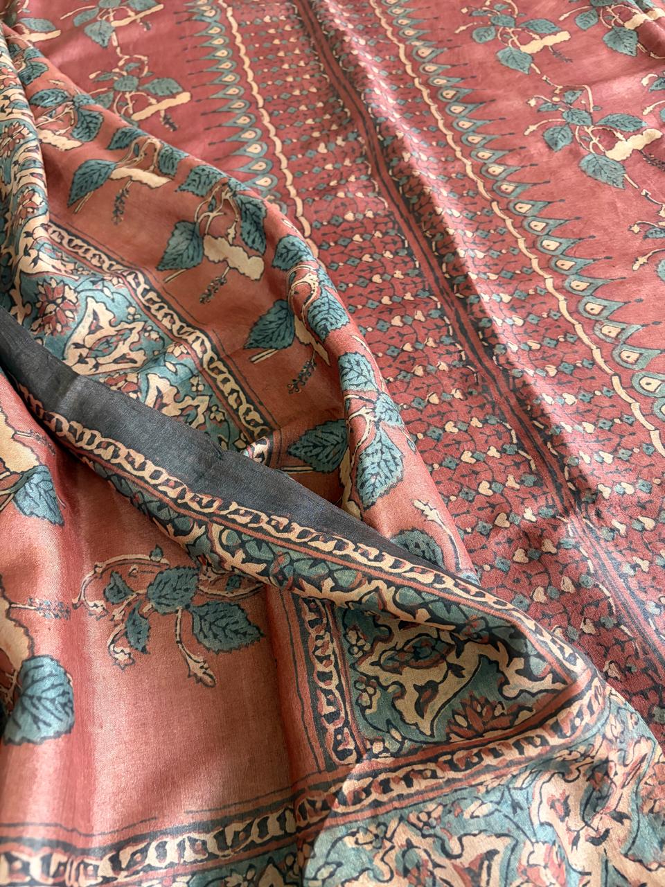 Pure Tussar Silk Ajrakh Handblock Print Kurta Dupatta - Red