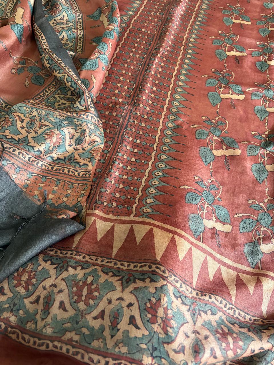 Pure Tussar Silk Ajrakh Handblock Print Kurta Dupatta - Red