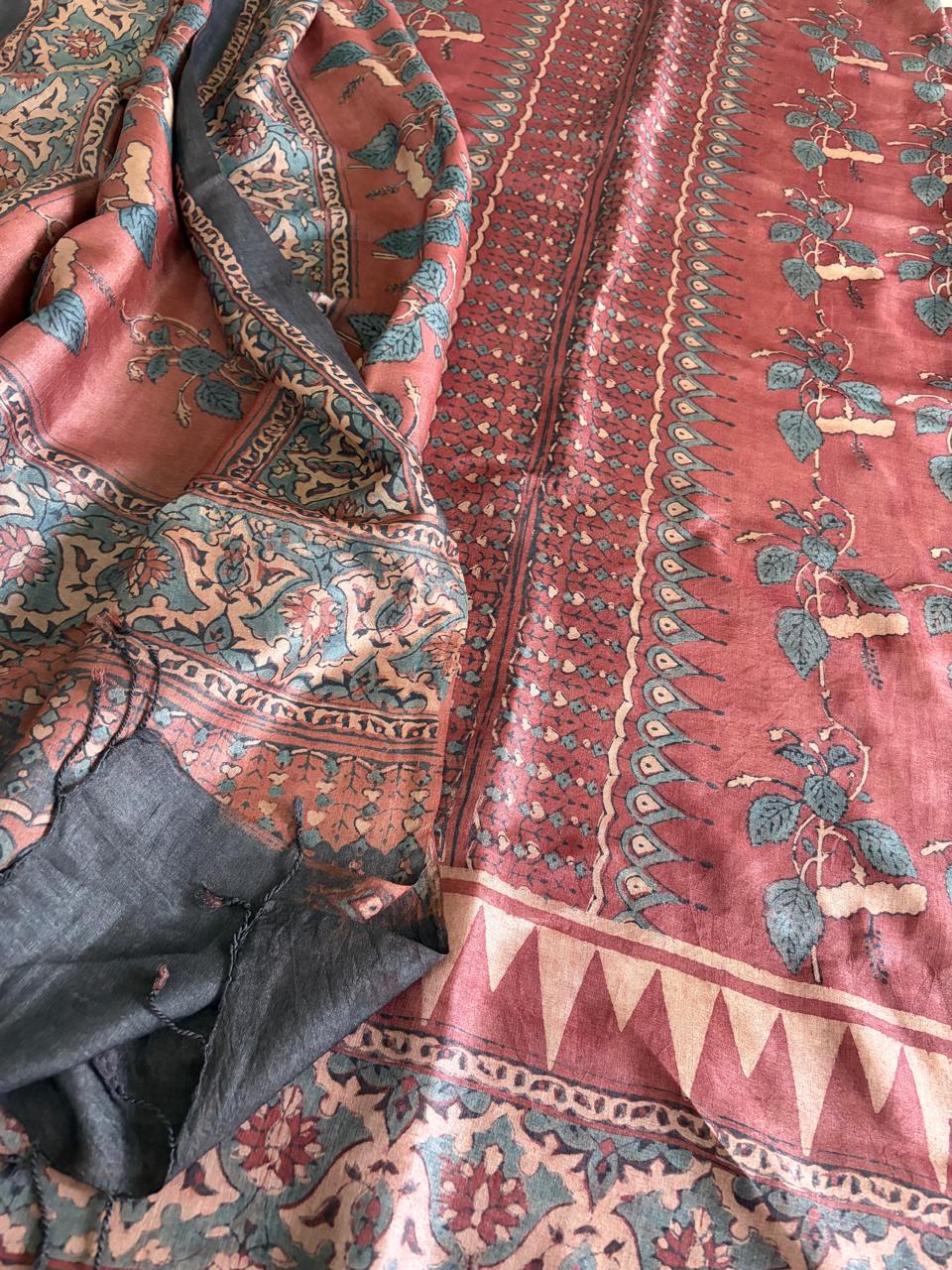 Pure Tussar Silk Ajrakh Handblock Print Kurta Dupatta - Red