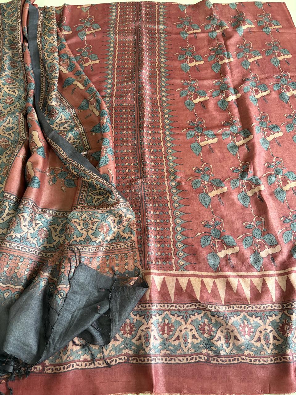 Pure Tussar Silk Ajrakh Handblock Print Kurta Dupatta - Red
