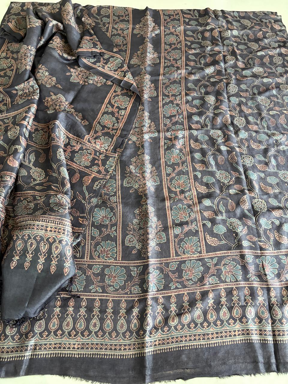 Pure Tussar Silk Ajrakh Handblock Print Kurta Dupatta - Charcoal Grey