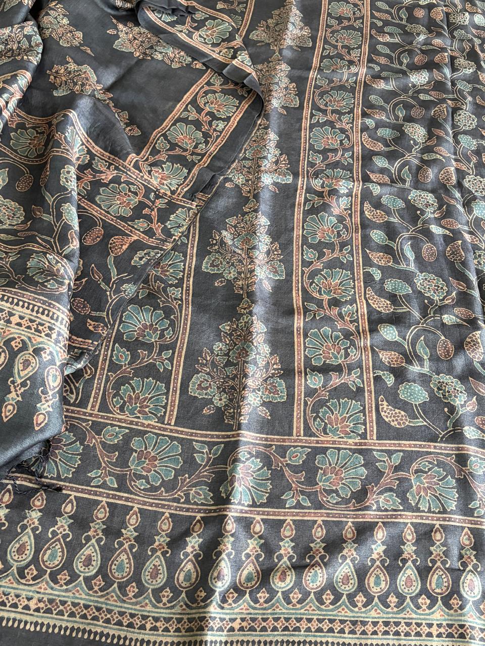 Pure Tussar Silk Ajrakh Handblock Print Kurta Dupatta - Charcoal Grey