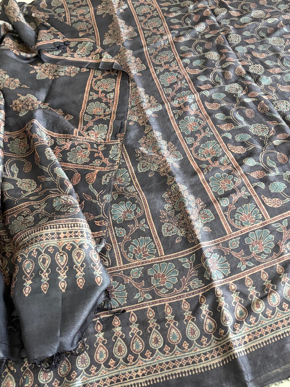 Pure Tussar Silk Ajrakh Handblock Print Kurta Dupatta - Charcoal Grey