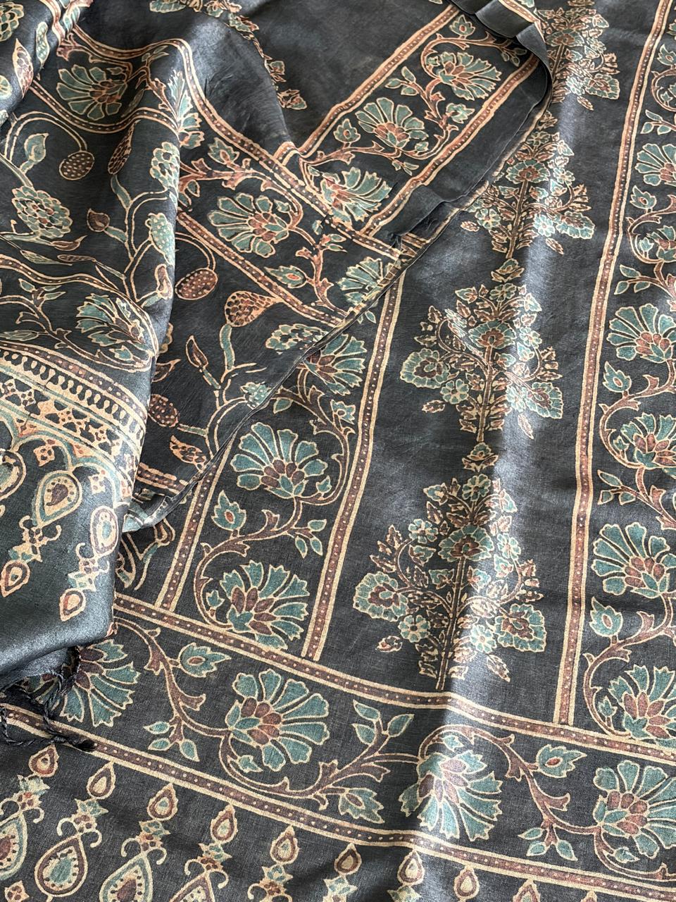 Pure Tussar Silk Ajrakh Handblock Print Kurta Dupatta - Charcoal Grey