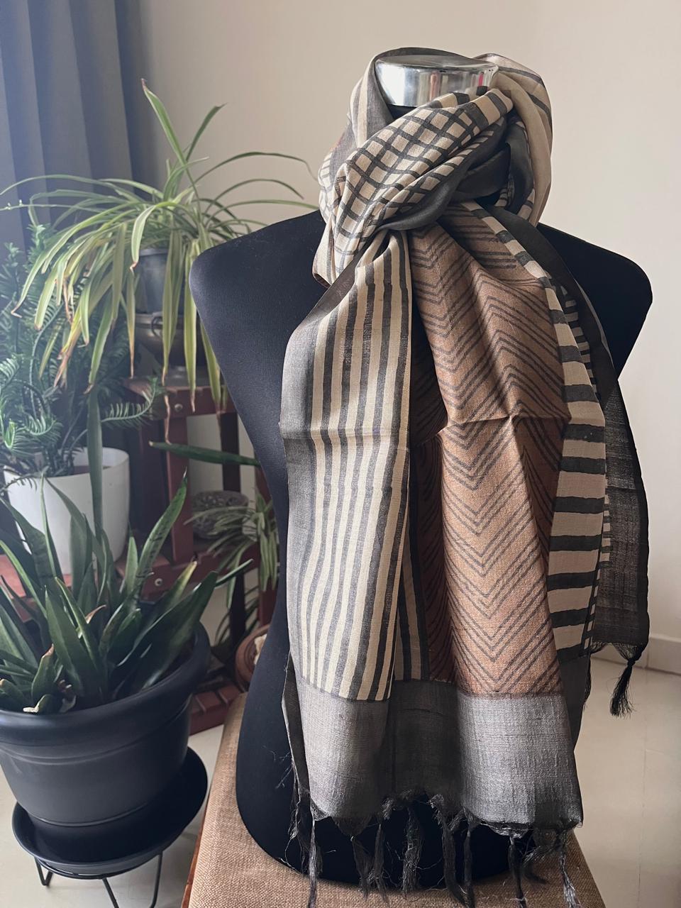 Pure Tussar Silk Handblock Printed Stole
