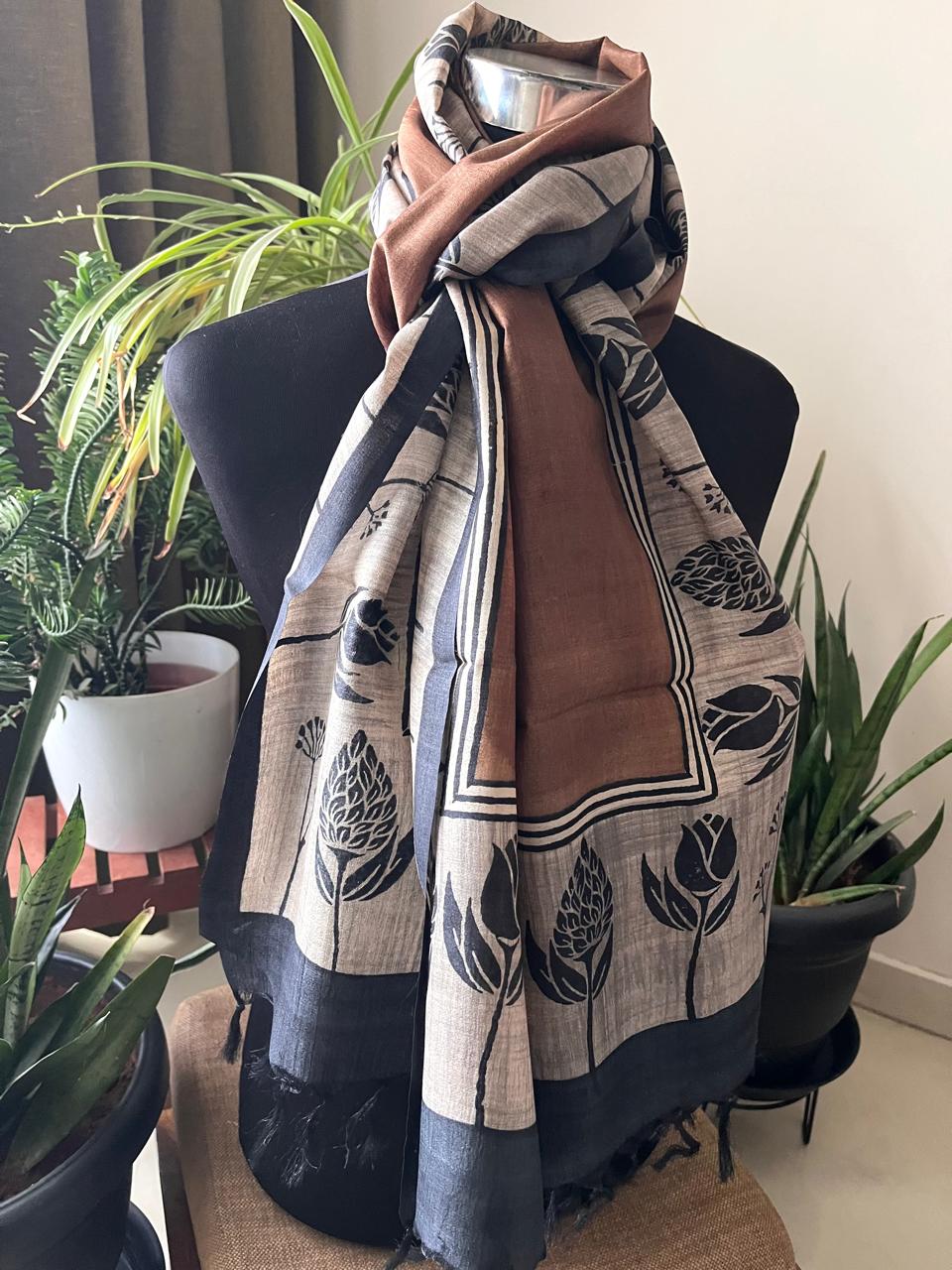 Pure Tussar Silk Handblock Printed Stole