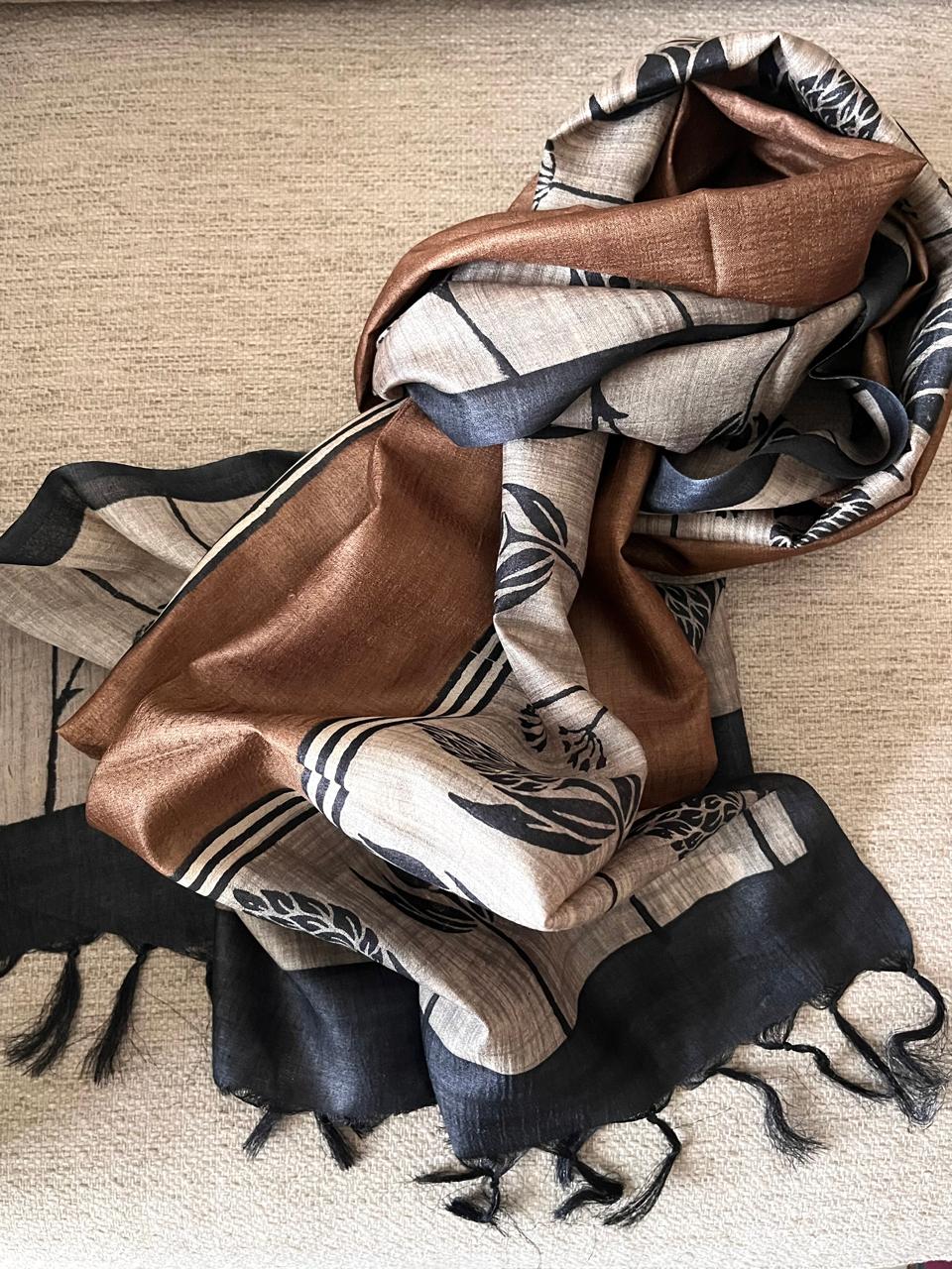 Pure Tussar Silk Handblock Printed Stole