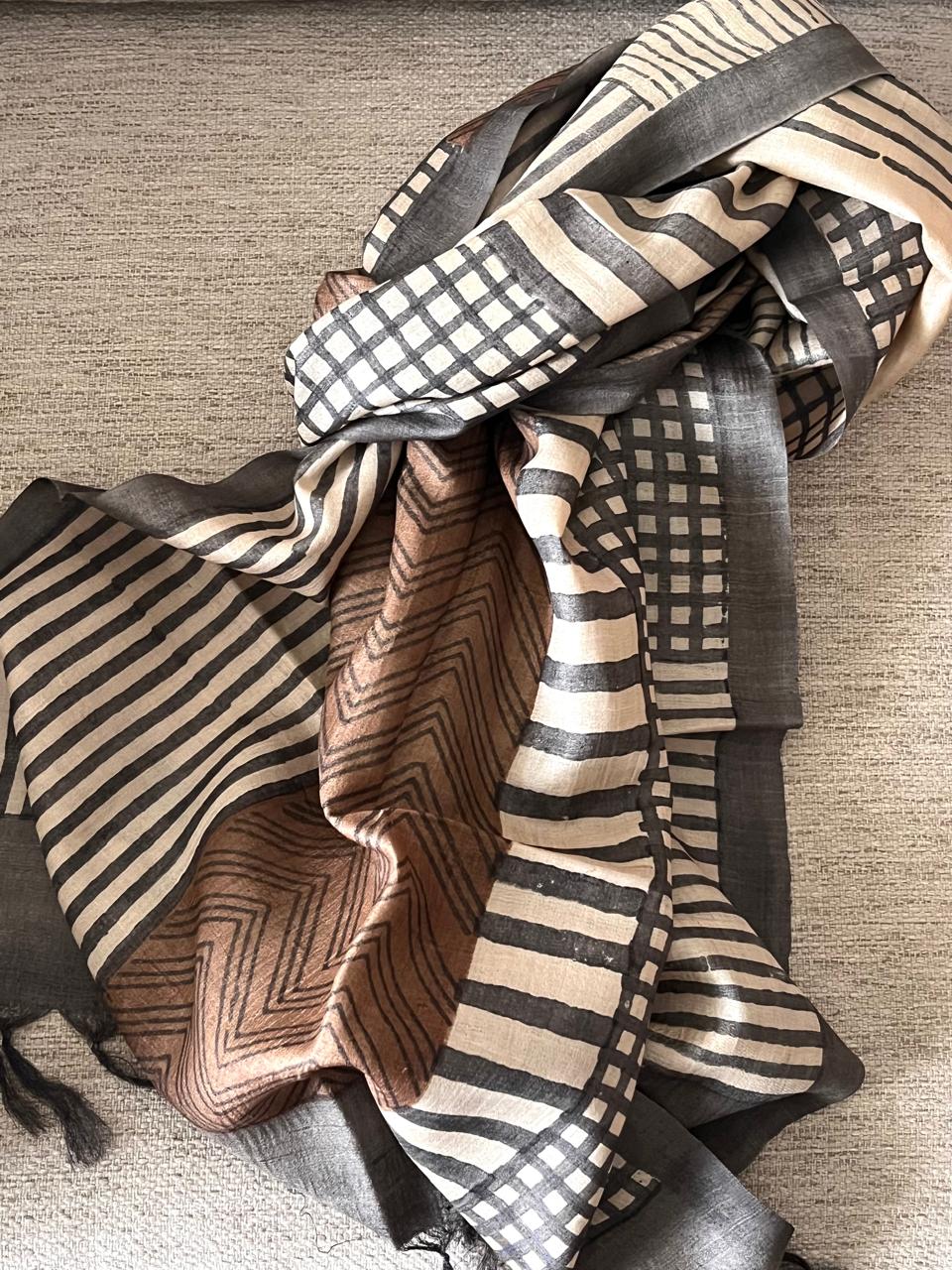 Pure Tussar Silk Handblock Printed Stole