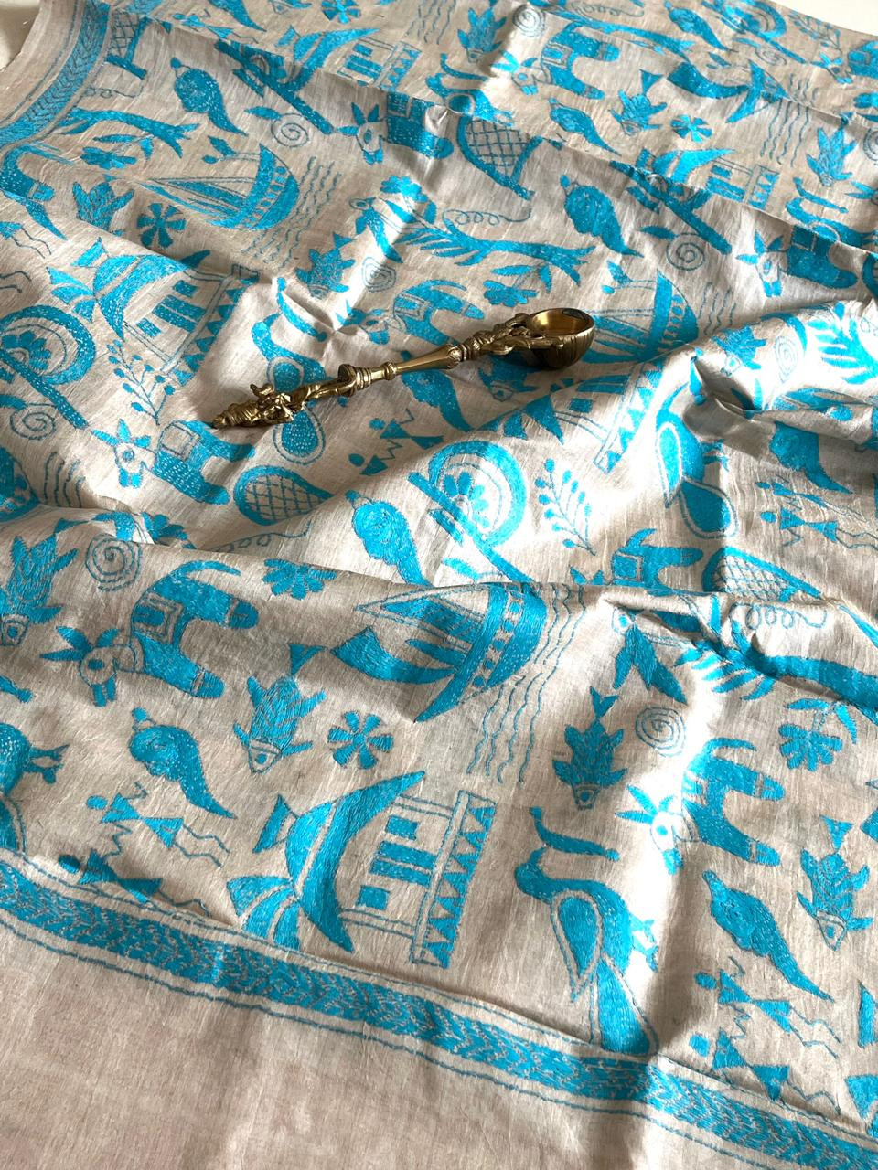 Pure Tussar Silk Handwoven Dupatta with intricate Hand Kantha Embroidery - Beige with Blue