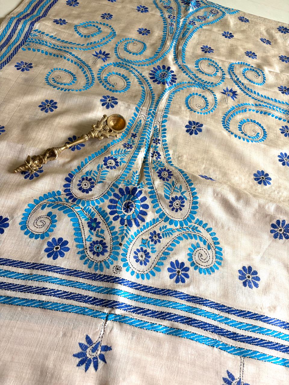 Pure Tussar Silk Handwoven Dupatta with intricate Hand Kantha Embroidery - Beige with Blue