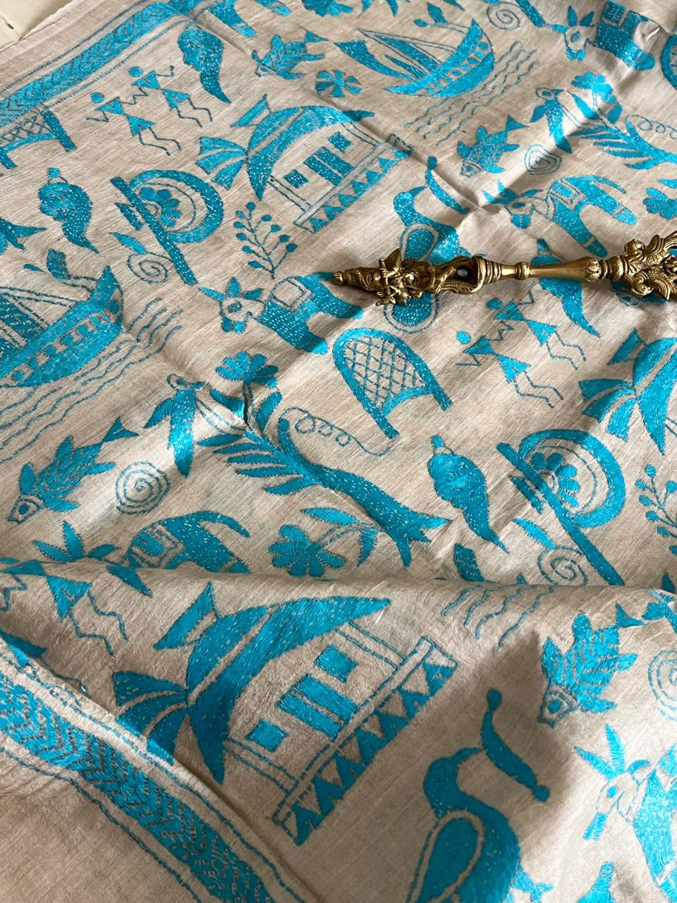 Pure Tussar Silk Handwoven Dupatta with intricate Hand Kantha Embroidery - Beige with Blue