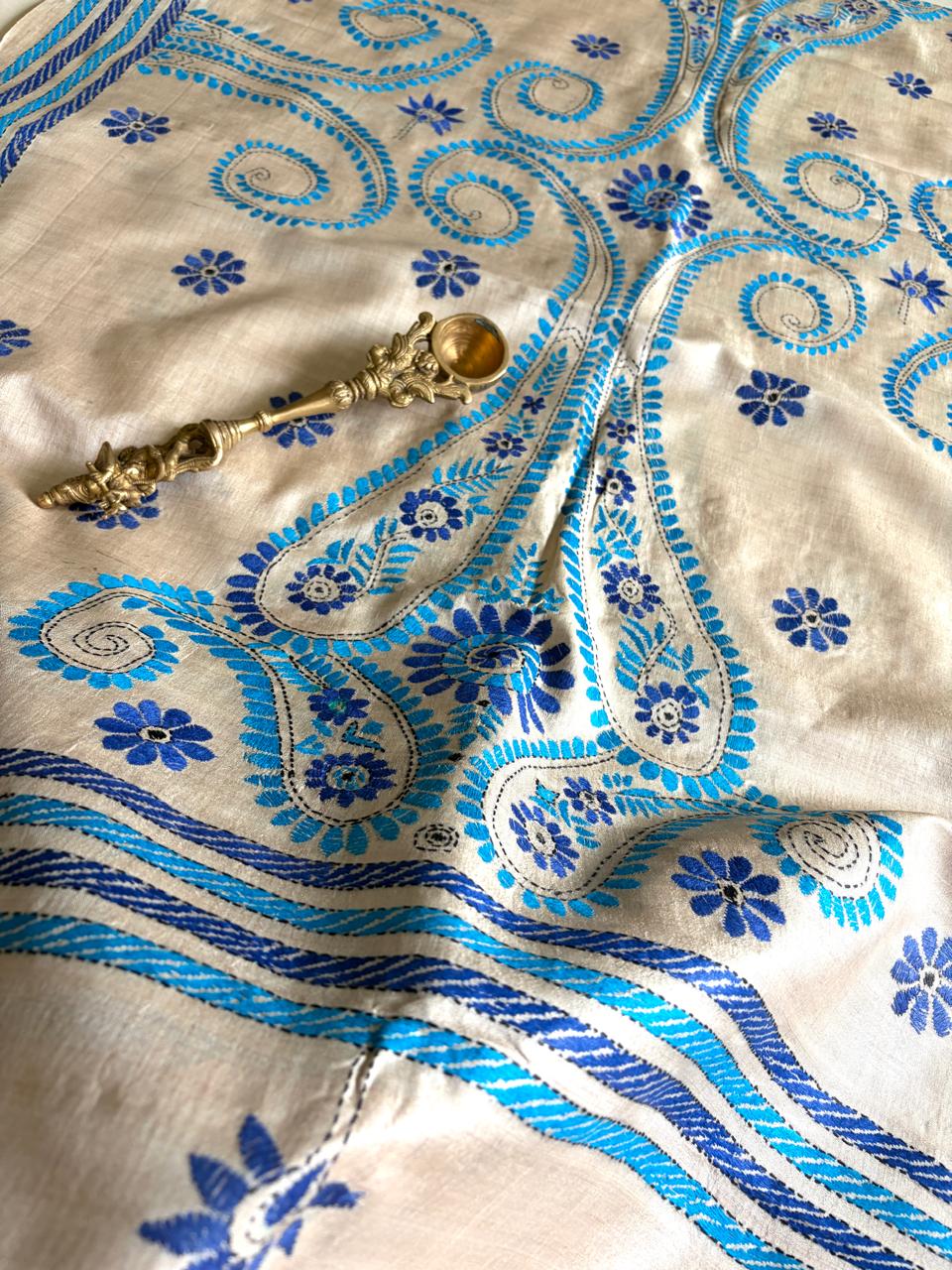 Pure Tussar Silk Handwoven Dupatta with intricate Hand Kantha Embroidery - Beige with Blue