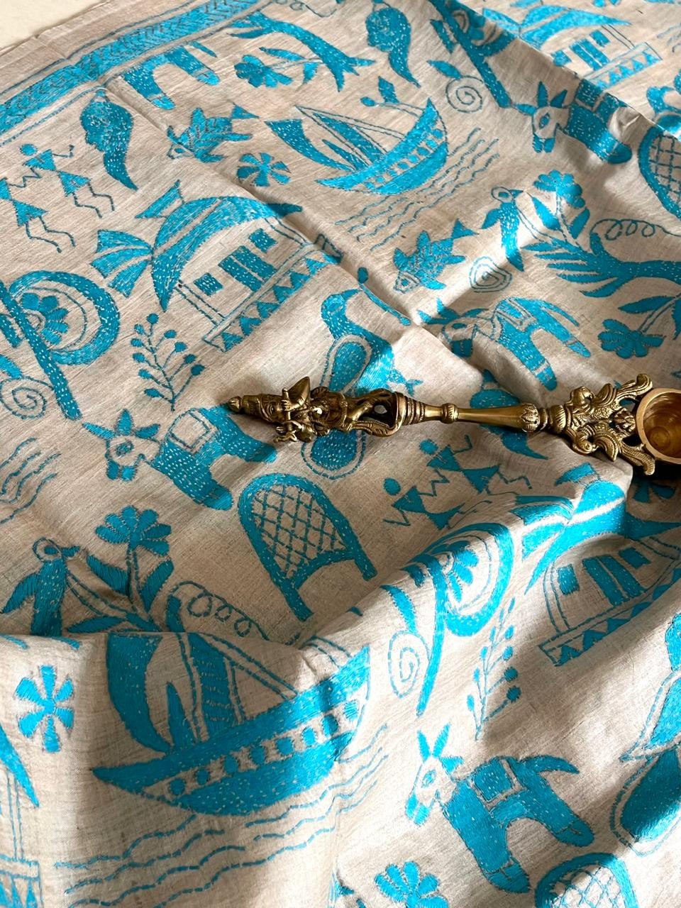 Pure Tussar Silk Handwoven Dupatta with intricate Hand Kantha Embroidery - Beige with Blue