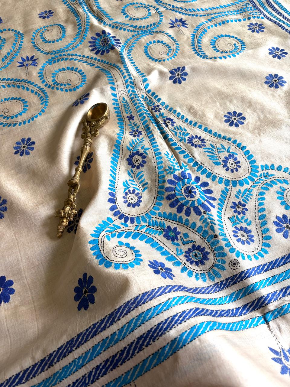 Pure Tussar Silk Handwoven Dupatta with intricate Hand Kantha Embroidery - Beige with Blue
