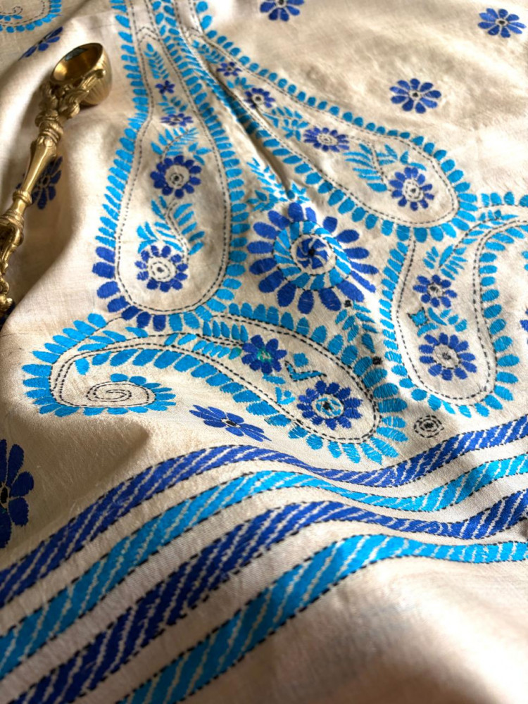 Image of Pure Tussar Silk Handwoven Dupatta with intricate Hand Kantha Embroidery - Beige with Blue