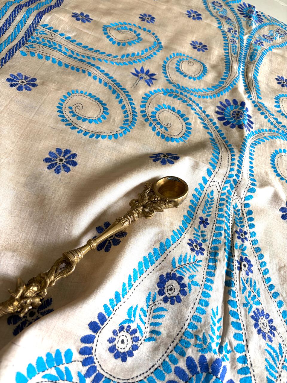 Pure Tussar Silk Handwoven Dupatta with intricate Hand Kantha Embroidery - Beige with Blue