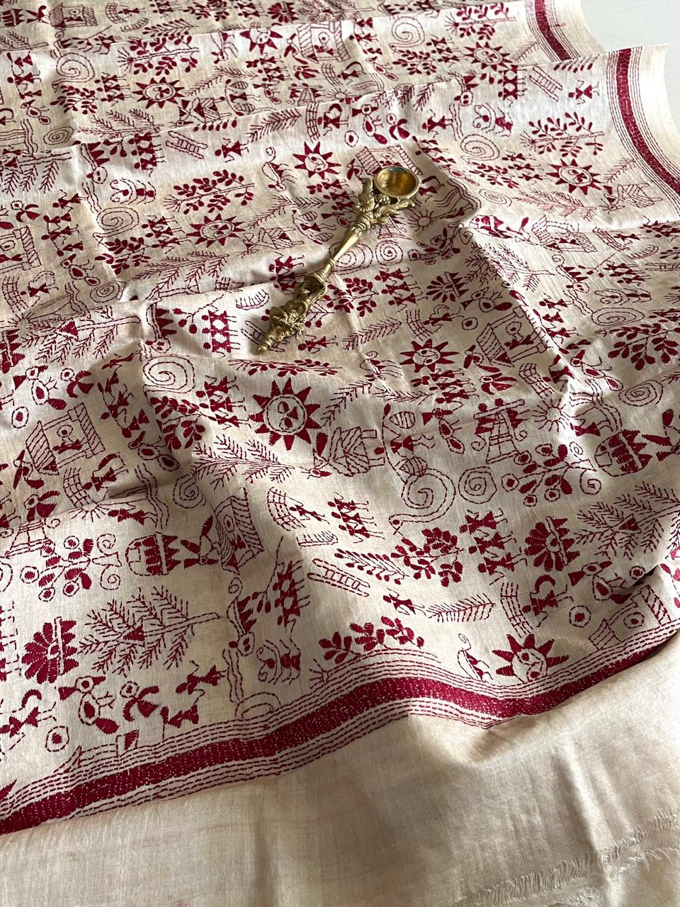 Pure Tussar Silk Handwoven Dupatta with intricate Hand Kantha Embroidery - Beige with Maroon
