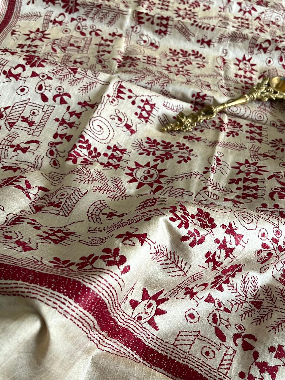 Pure Tussar Silk Handwoven Dupatta with intricate Hand Kantha Embroidery - Beige with Maroon