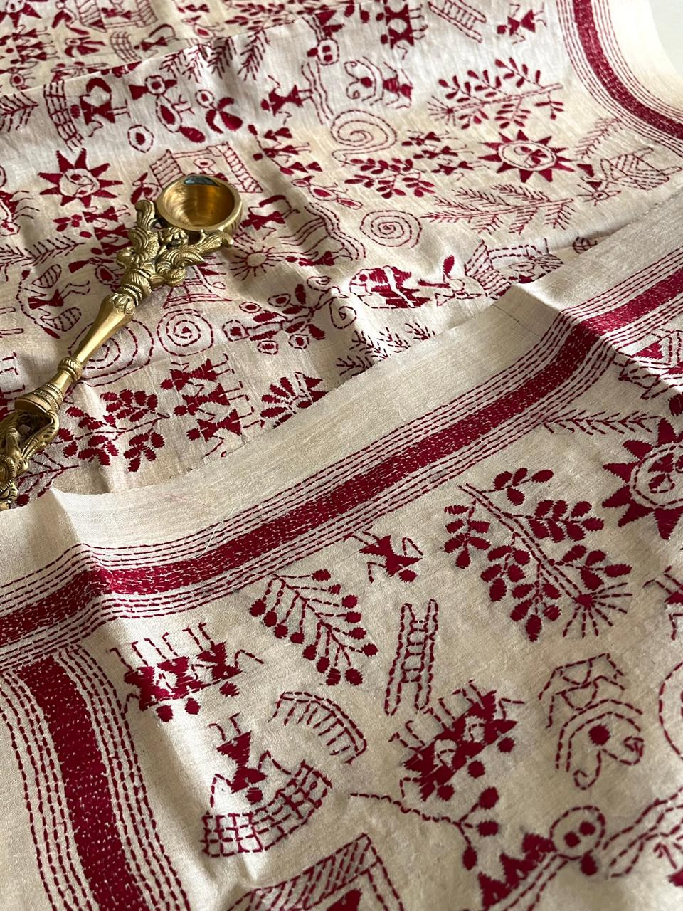 Pure Tussar Silk Handwoven Dupatta with intricate Hand Kantha Embroidery - Beige with Maroon