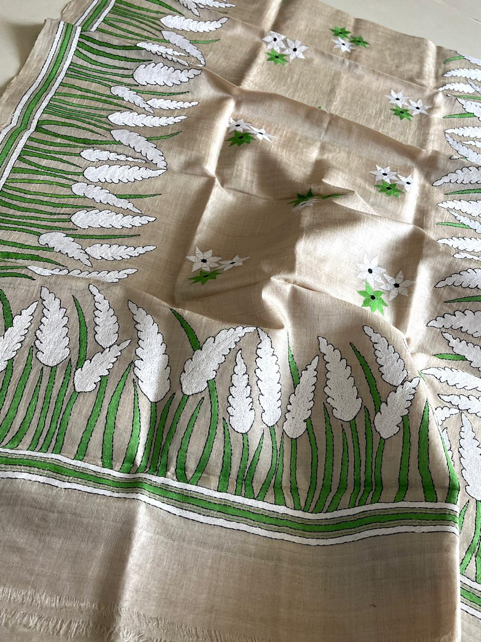 Pure Tussar Silk Handwoven Dupatta with intricate Hand Kantha Embroidery - Beige with Multicolour