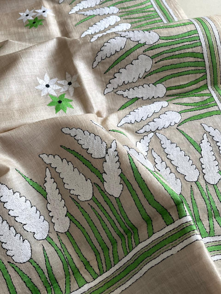 Image of Pure Tussar Silk Handwoven Dupatta with intricate Hand Kantha Embroidery - Beige with Multicolour