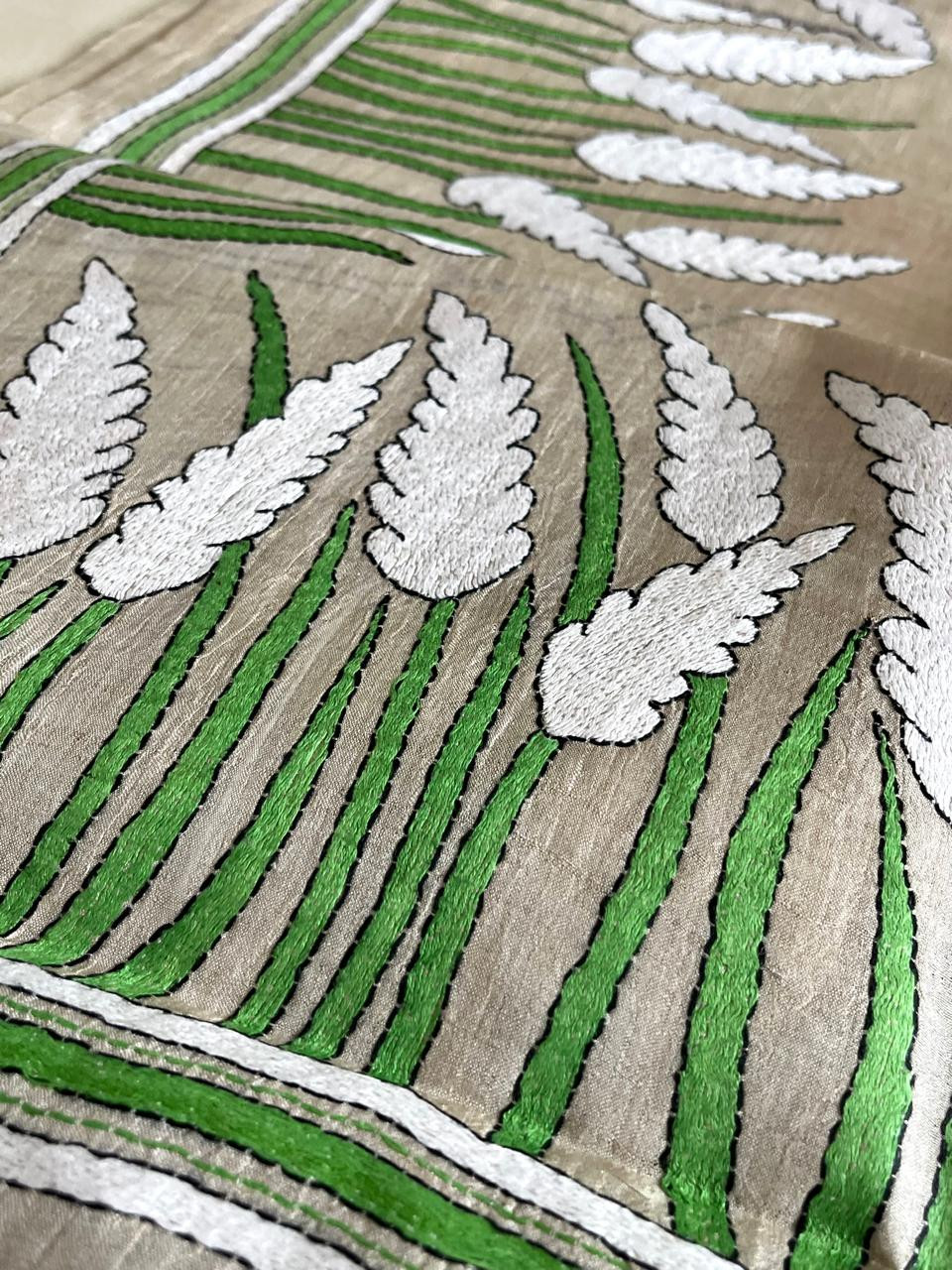 Pure Tussar Silk Handwoven Dupatta with intricate Hand Kantha Embroidery - Beige with Multicolour