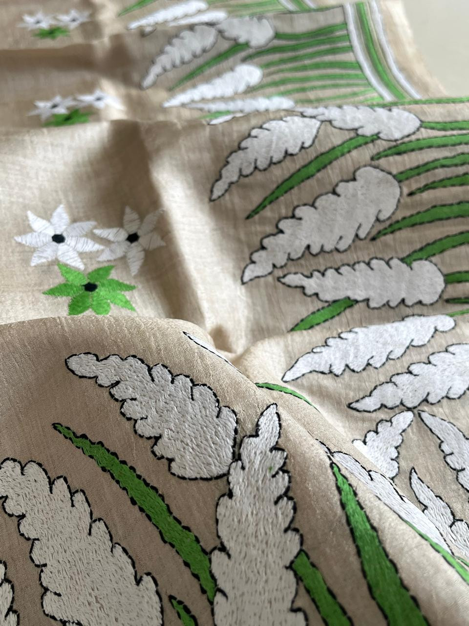 Pure Tussar Silk Handwoven Dupatta with intricate Hand Kantha Embroidery - Beige with Multicolour