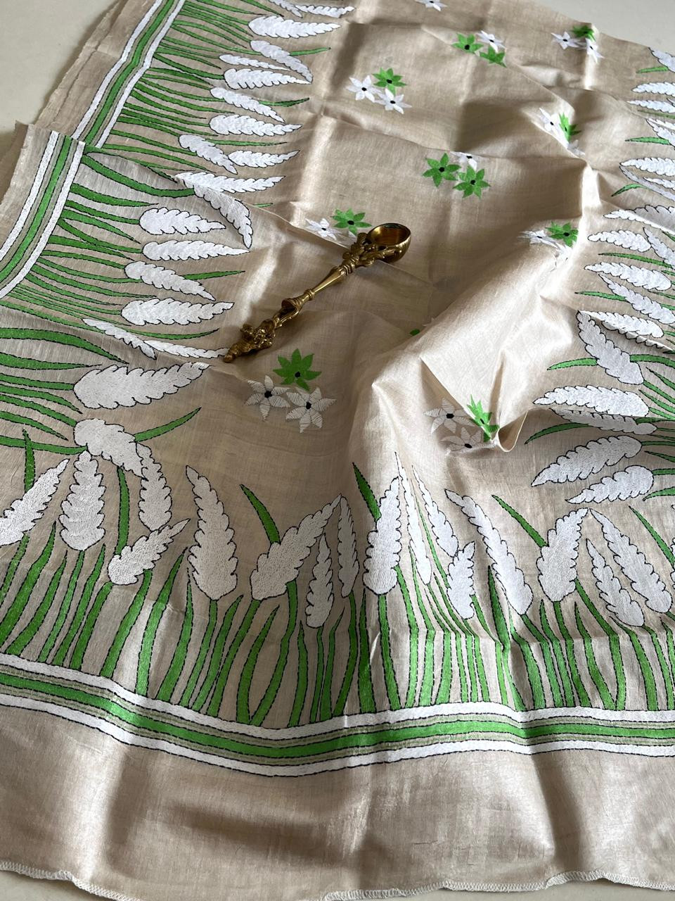 Pure Tussar Silk Handwoven Dupatta with intricate Hand Kantha Embroidery - Beige with Multicolour