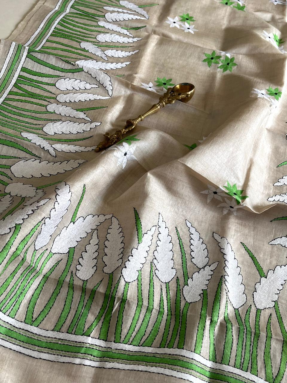 Pure Tussar Silk Handwoven Dupatta with intricate Hand Kantha Embroidery - Beige with Multicolour