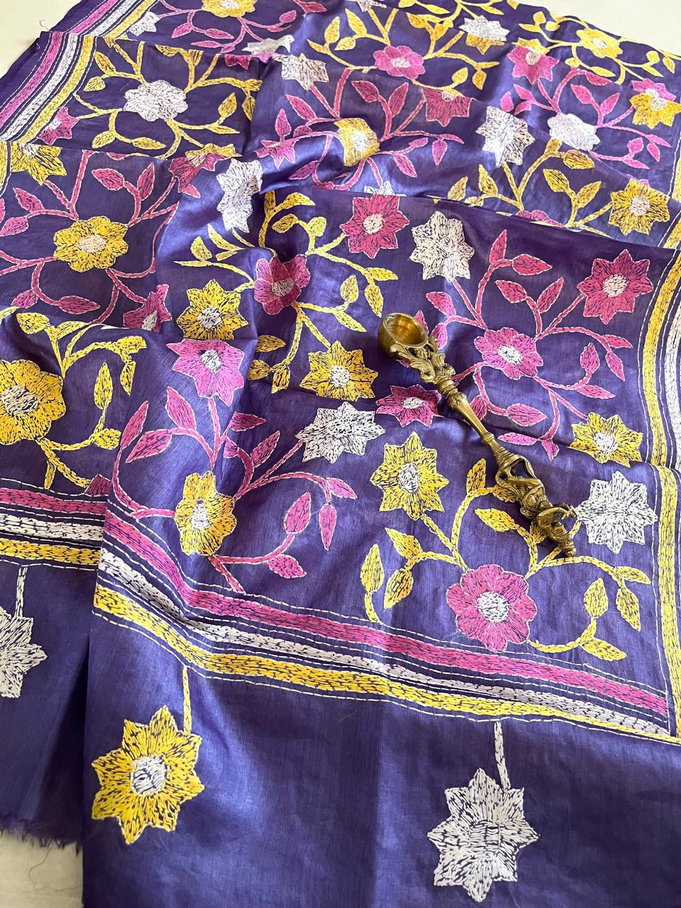 Pure Tussar Silk Handwoven Dupatta with intricate Hand Kantha Embroidery - Blue Grey with Multicolour