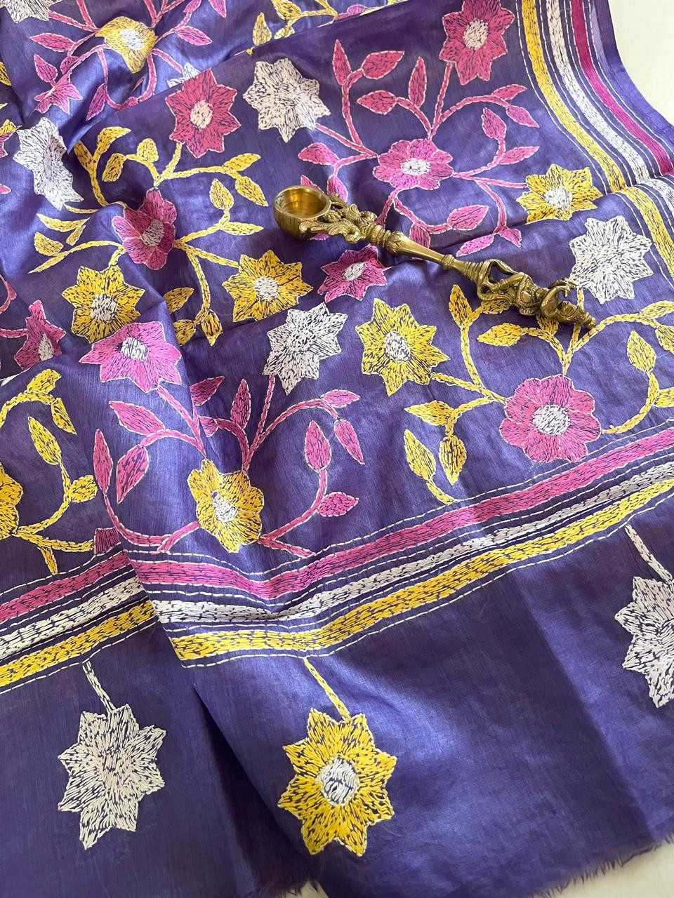 Pure Tussar Silk Handwoven Dupatta with intricate Hand Kantha Embroidery - Blue Grey with Multicolour