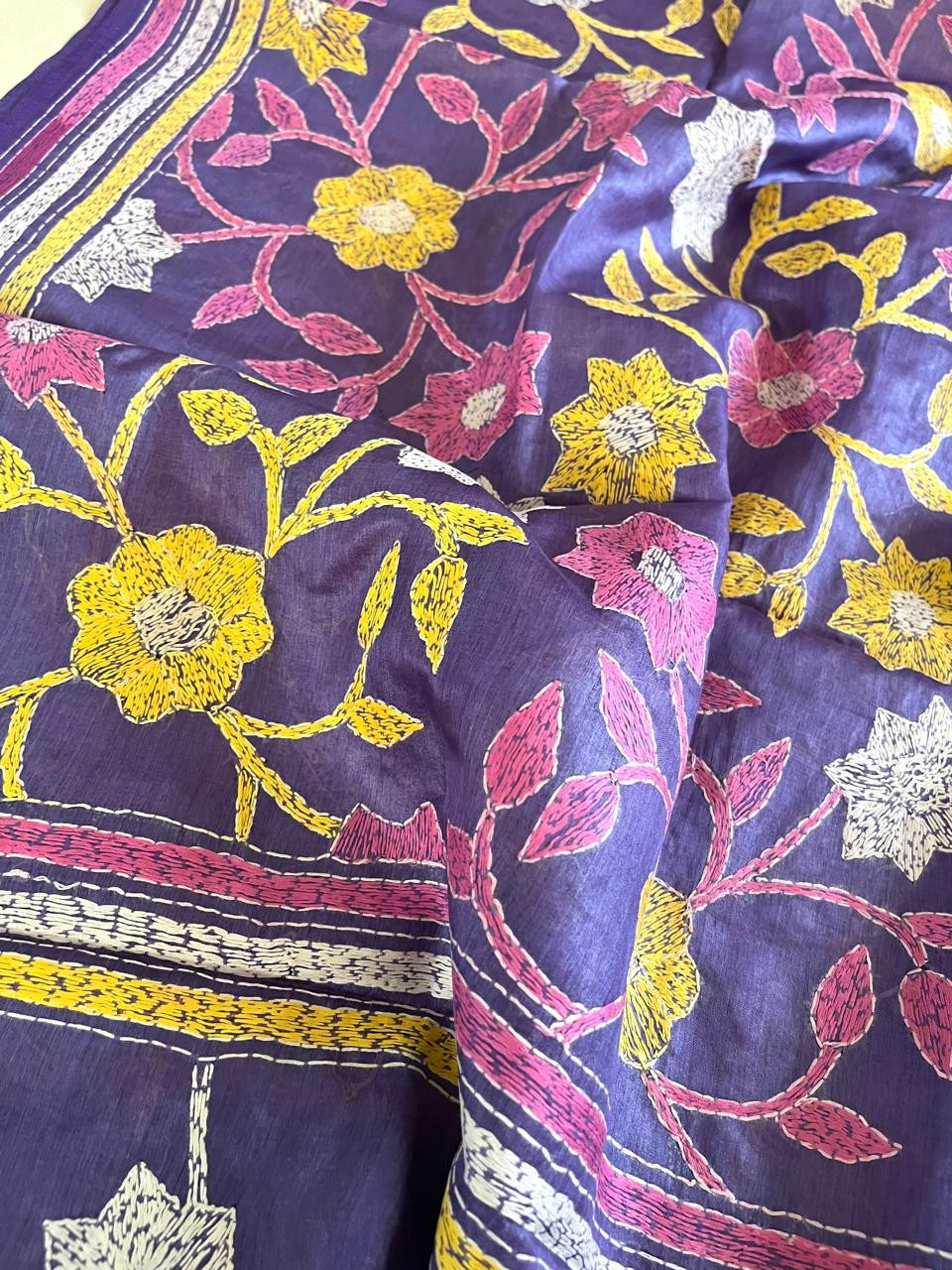 Pure Tussar Silk Handwoven Dupatta with intricate Hand Kantha Embroidery - Blue Grey with Multicolour