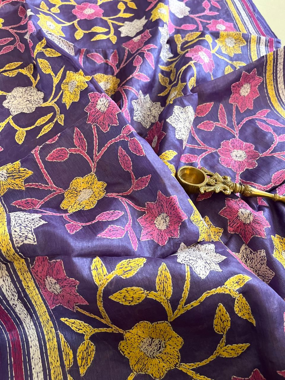 Pure Tussar Silk Handwoven Dupatta with intricate Hand Kantha Embroidery - Blue Grey with Multicolour