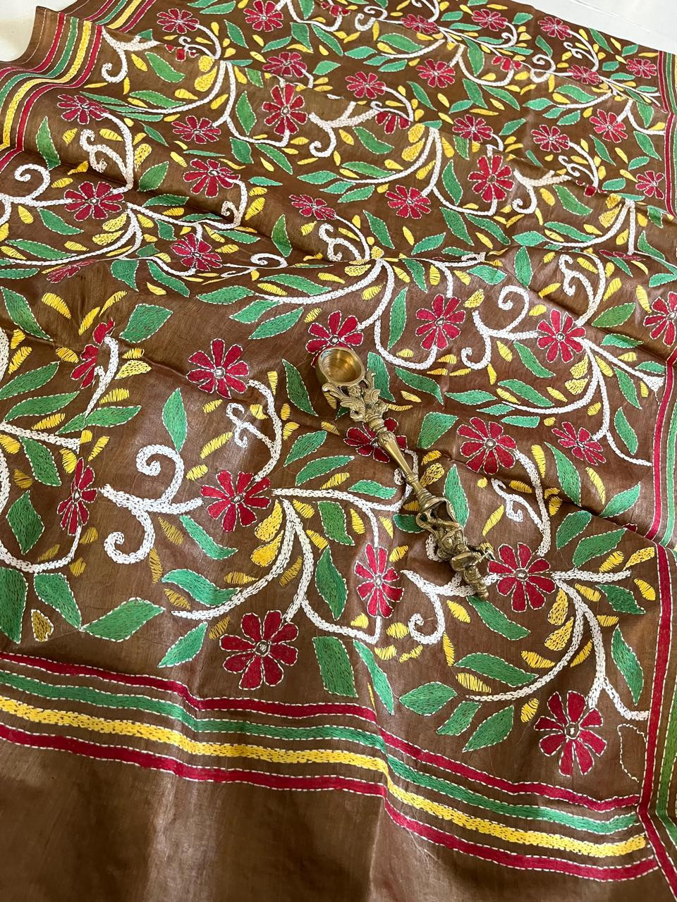 Pure Tussar Silk Handwoven Dupatta with intricate Hand Kantha Embroidery - Brown with Multicolour