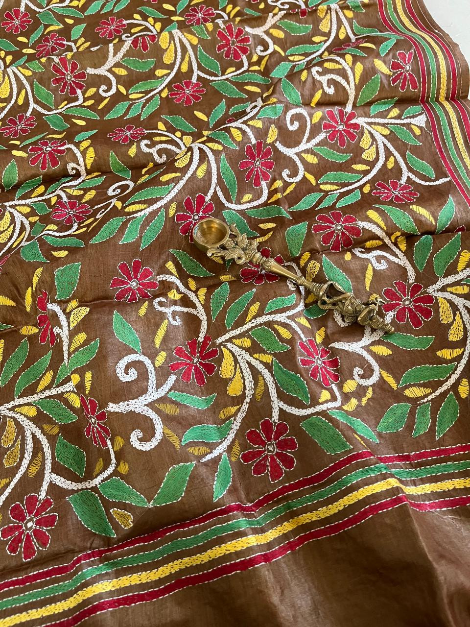 Pure Tussar Silk Handwoven Dupatta with intricate Hand Kantha Embroidery - Brown with Multicolour