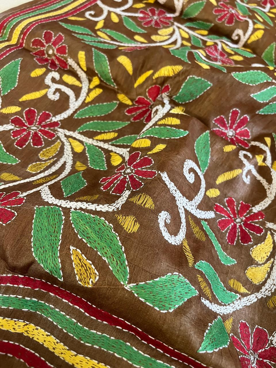 Pure Tussar Silk Handwoven Dupatta with intricate Hand Kantha Embroidery - Brown with Multicolour