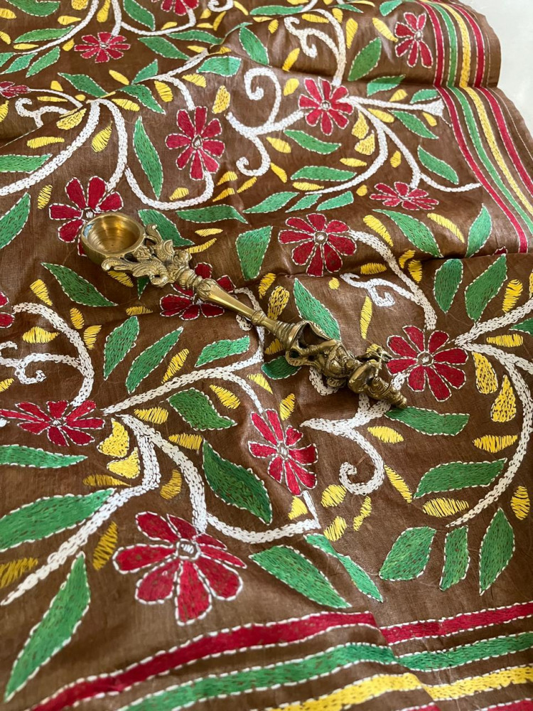 Image of Pure Tussar Silk Handwoven Dupatta with intricate Hand Kantha Embroidery - Brown with Multicolour