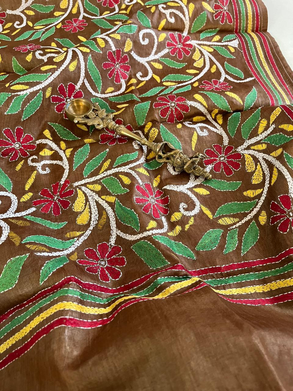 Pure Tussar Silk Handwoven Dupatta with intricate Hand Kantha Embroidery - Brown with Multicolour