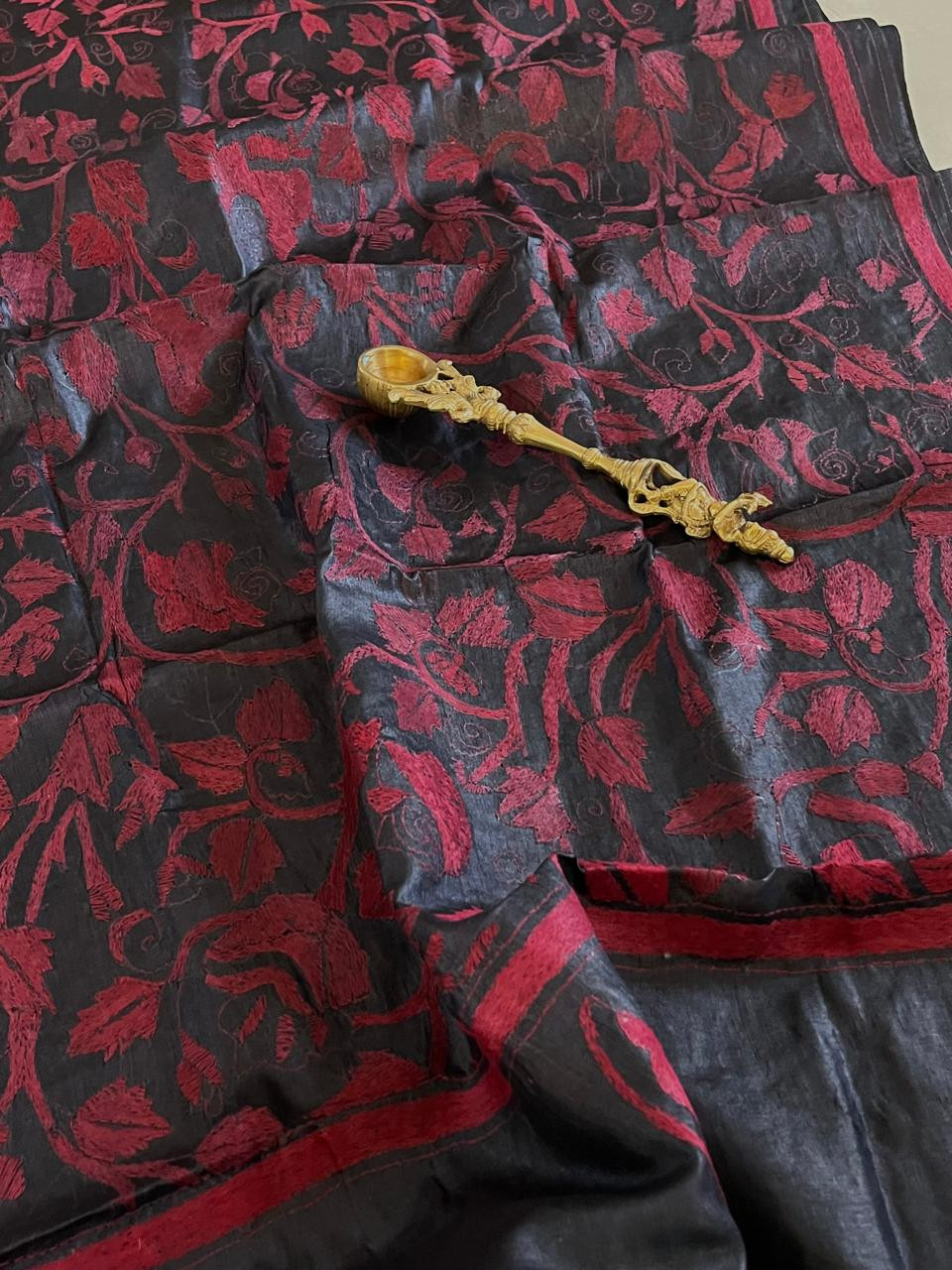 Pure Tussar Silk Handwoven Dupatta with intricate Hand Kantha Embroidery - Charcoal Black with Red