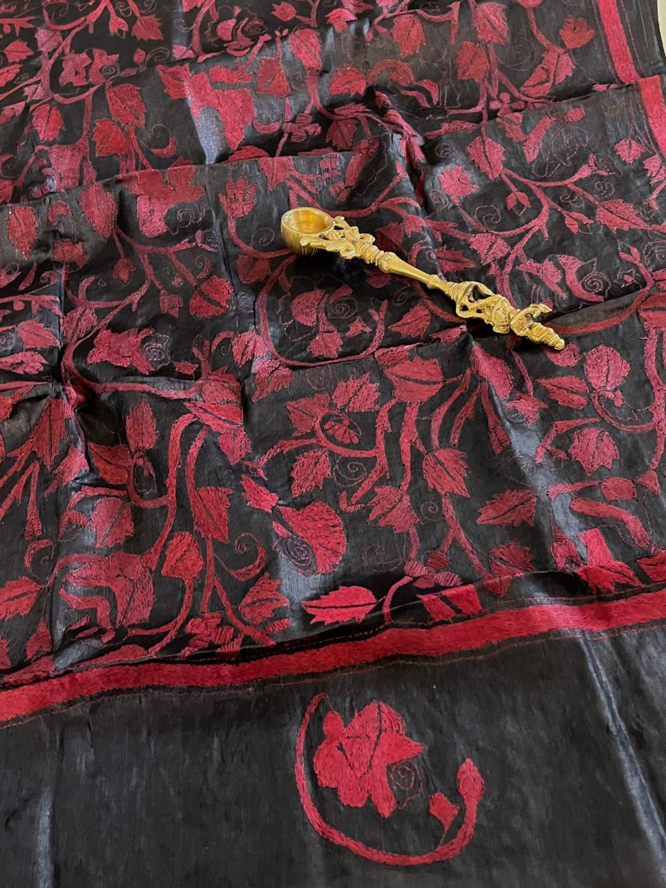 Pure Tussar Silk Handwoven Dupatta with intricate Hand Kantha Embroidery - Charcoal Black with Red