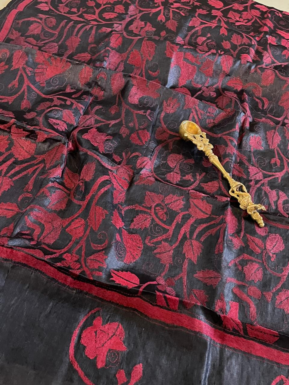 Pure Tussar Silk Handwoven Dupatta with intricate Hand Kantha Embroidery - Charcoal Black with Red