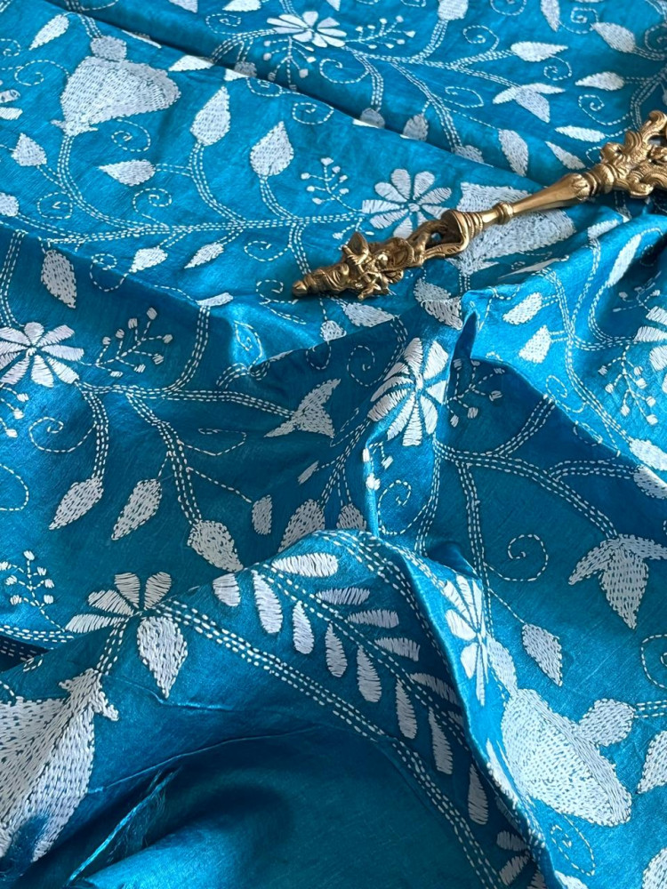 Image of Pure Tussar Silk Handwoven Dupatta with intricate Hand Kantha Embroidery - Blue