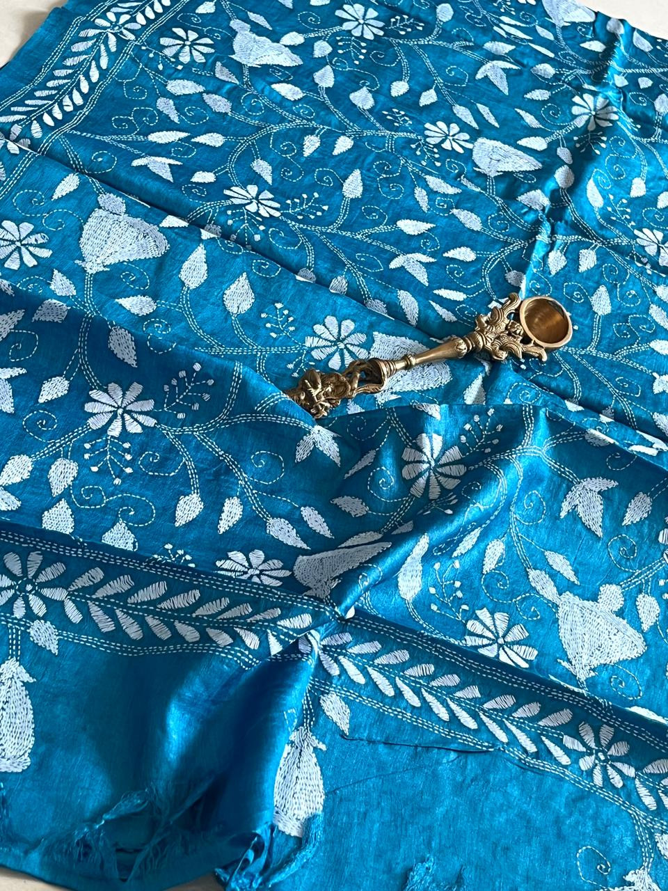 Pure Tussar Silk Handwoven Dupatta with intricate Hand Kantha Embroidery - Blue