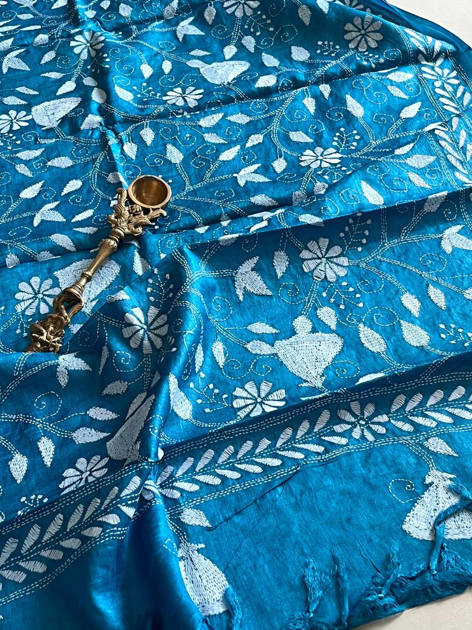 Pure Tussar Silk Handwoven Dupatta with intricate Hand Kantha Embroidery - Blue