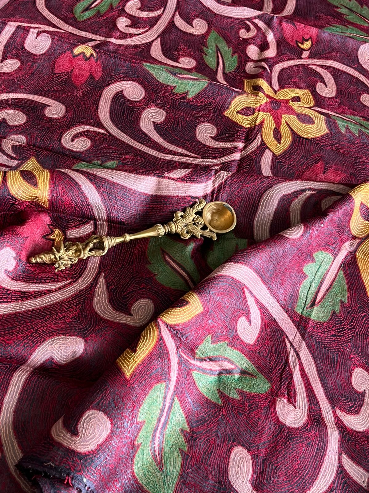 Pure Tussar Silk Handwoven Dupatta with intricate Hand Kantha Embroidery - Maroon with Multicolor