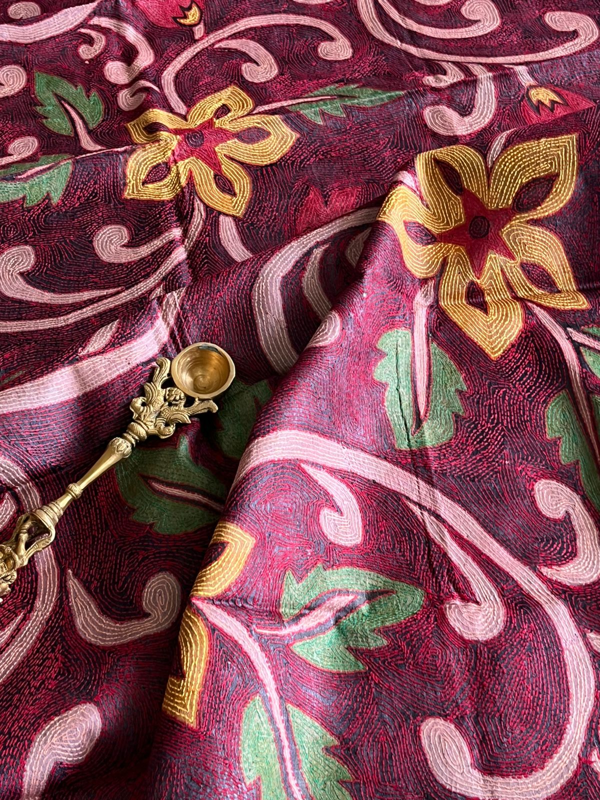 Pure Tussar Silk Handwoven Dupatta with intricate Hand Kantha Embroidery - Maroon with Multicolor