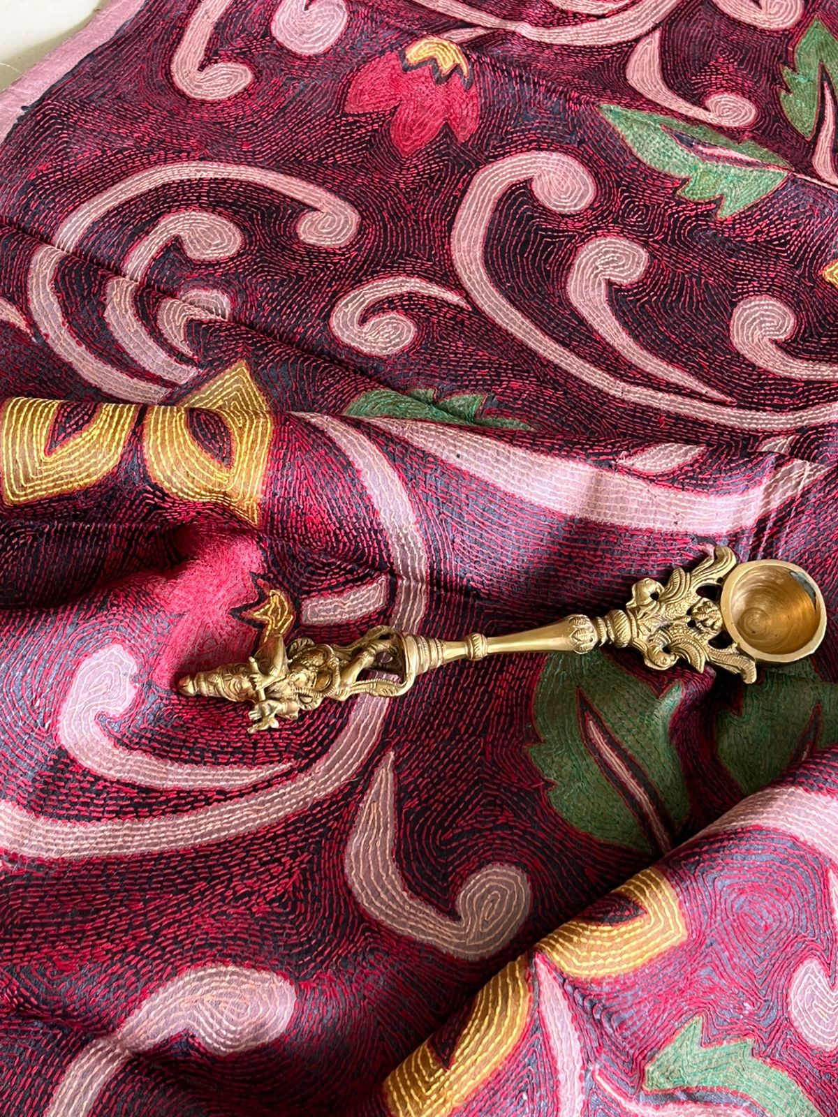 Pure Tussar Silk Handwoven Dupatta with intricate Hand Kantha Embroidery - Maroon with Multicolor